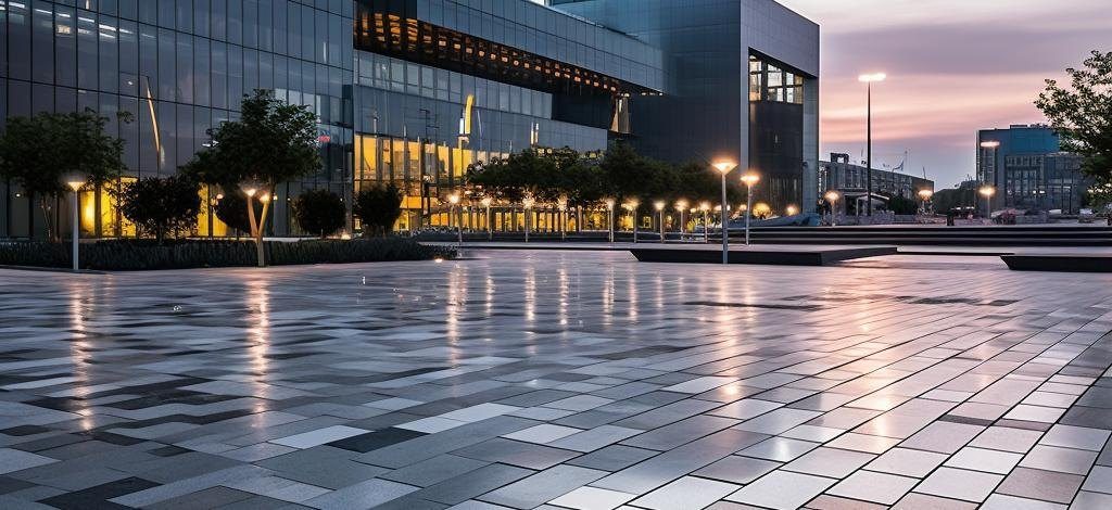 Retail plaza exterior at dusk with illuminated facades
