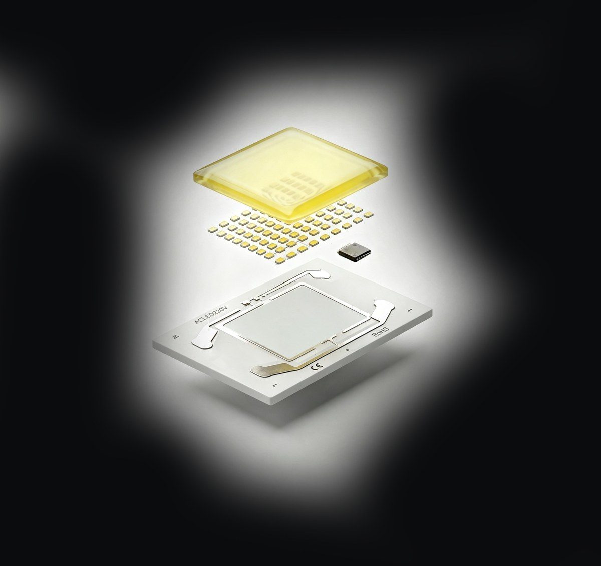 Exploded view of a driver-free COB light source: ceramic substrate, LED array, driver IC and silicone phosphor lens