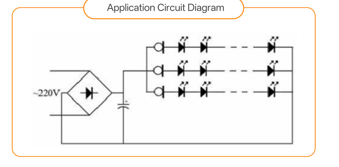 Application circuit diagram with bridge rectifier and parallel LED strings