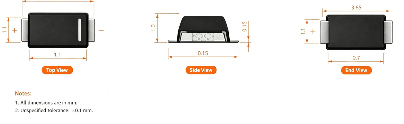 Top, side and end view dimension drawings of the SOD-123 package