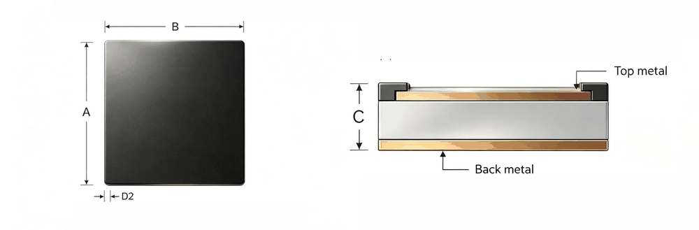 Outline drawing of the bare constant-current chip showing top metal and back metal layers