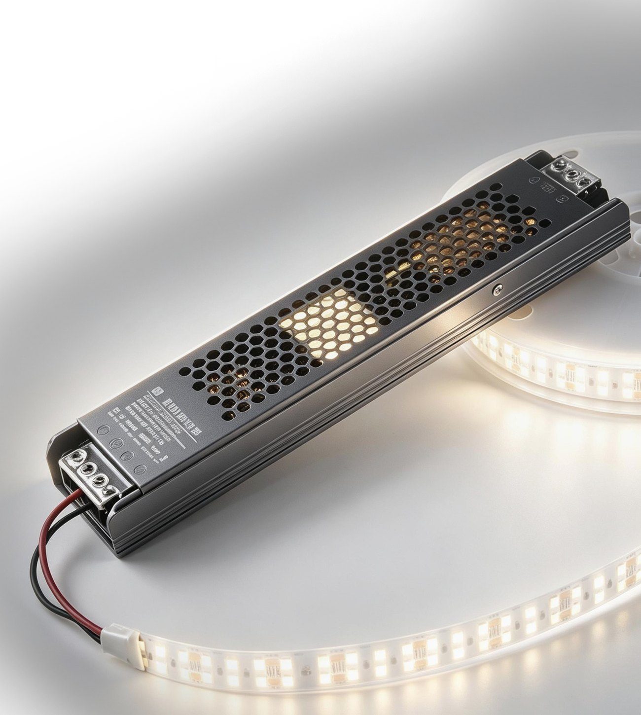 Conventional external LED driver power supply next to an LED strip